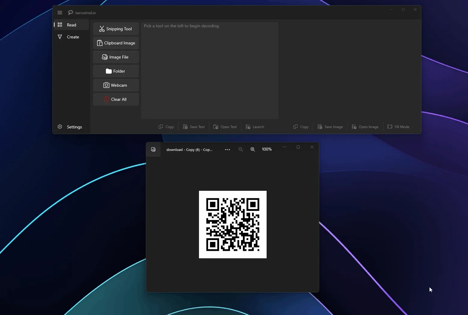 barcodrod.io Windows UI with Read and Create sidebar for local QR work.