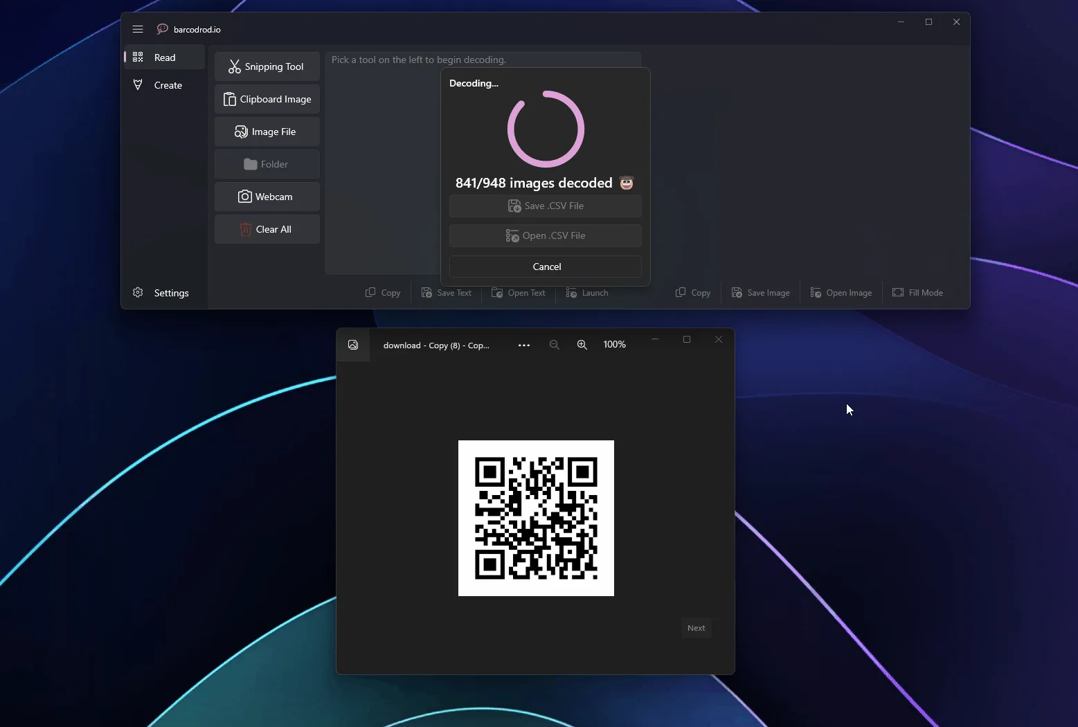 barcodrod.io bulk folder decode progress for many QR and barcode images.