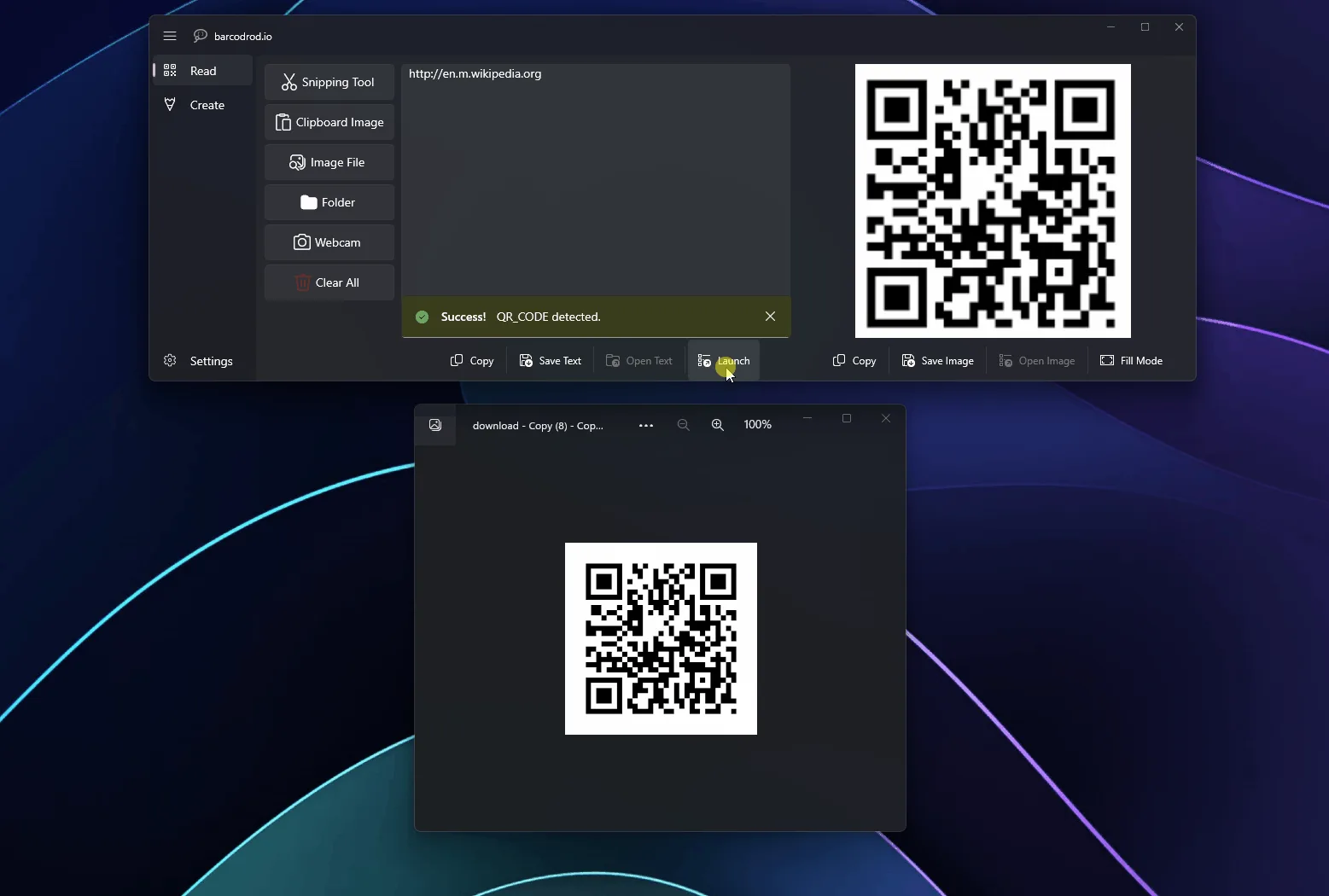 barcodrod.io showing a successful QR_CODE decode with copy and launch actions.