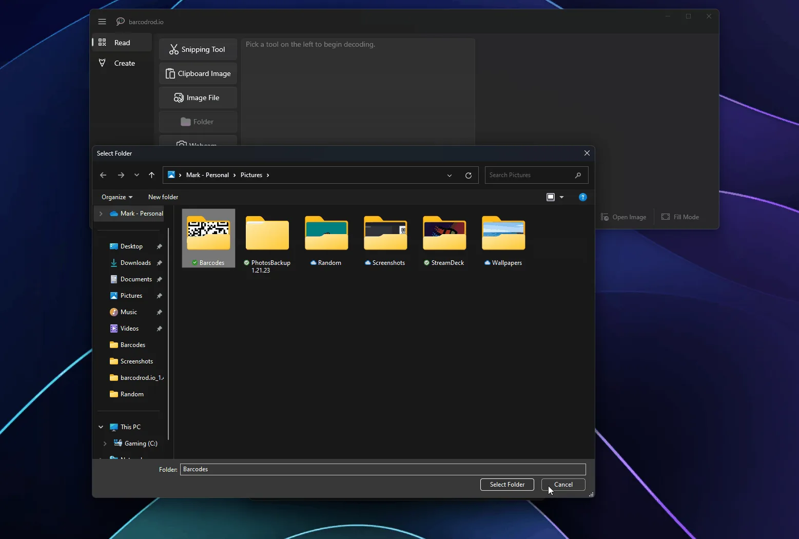 Windows folder picker opened from barcodrod.io to choose images for decode.